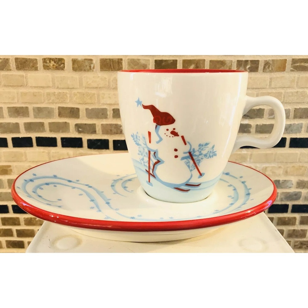 STARBUCKS Skiing Snowman Penguin Coffee Mug Cup W/ Snack‎ Plate Saucer 6 oz 2007